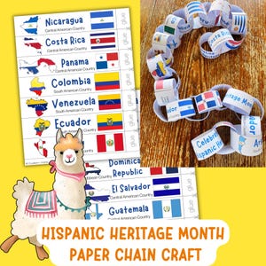 Pode incluir: Um kit de artesanato para o Mês da Herança Hispânica com correntes de papel e bandeiras de países. O kit inclui folhas imprimíveis com bandeiras e mapas de países da América Central e do Sul, além de uma ilustração de lhama. O texto "Hispanic Heritage Month Paper Chain Craft" também é visível.
