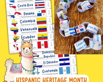 Op de afbeelding: Een knutselpakket voor de Hispanic Heritage Month met papieren kettingen en landenvlaggen. De set bevat printbare vellen met vlaggen en kaarten van Midden- en Zuid-Amerikaanse landen, plus een lama-illustratie. De tekst "Hispanic Heritage Month Paper Chain Craft" is ook zichtbaar.