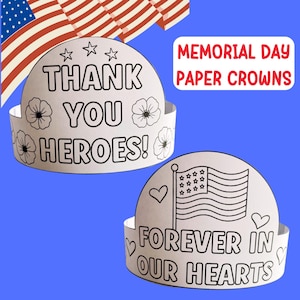 Memorial Day Coloring Crown Paper Craft Activity for Kids, Memorial Day Party Hats, Patriotic USA Crown Headband Template Printable Activity