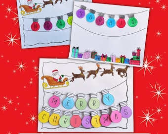 Christmas Light Bulbs Craft Activity for kids, Holiday Name Alphabet Letters Upper & Lower Case, Holiday Party Coloring Garland Decorations