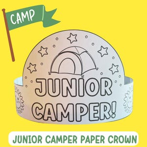 Camping Crafts for Kids Camping Paper Crown Craft Activity, Printable Junior Camper Paper Hat Headband Kindergarten Preschool PreK Classroom
