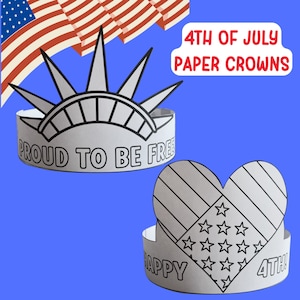 4th of July Coloring Crown Paper Craft Activity for Kids, Fourth of July Party Hats Patriotic USA Crown Headband Template Printable Activity
