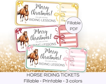 May include: Three printable horse riding gift certificates with a Christmas theme. The certificates are in yellow, pink, and green with a watercolor illustration of a horse on each. The text on the certificates reads "Merry Christmas! You are getting riding lessons."  The certificates have spaces to fill in the recipient's name, the giver's name, the date, and the time.