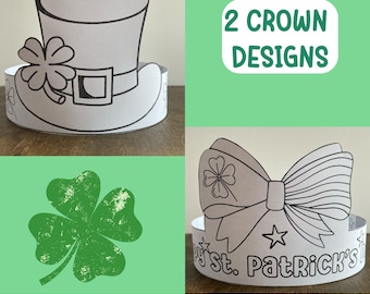 St. Patrick's Day Paper Crowns, Leprechaun Paper Hat Craft, St Patricks Coloring Paper Crown Craft Activity, St. Patrick's Headband Craft
