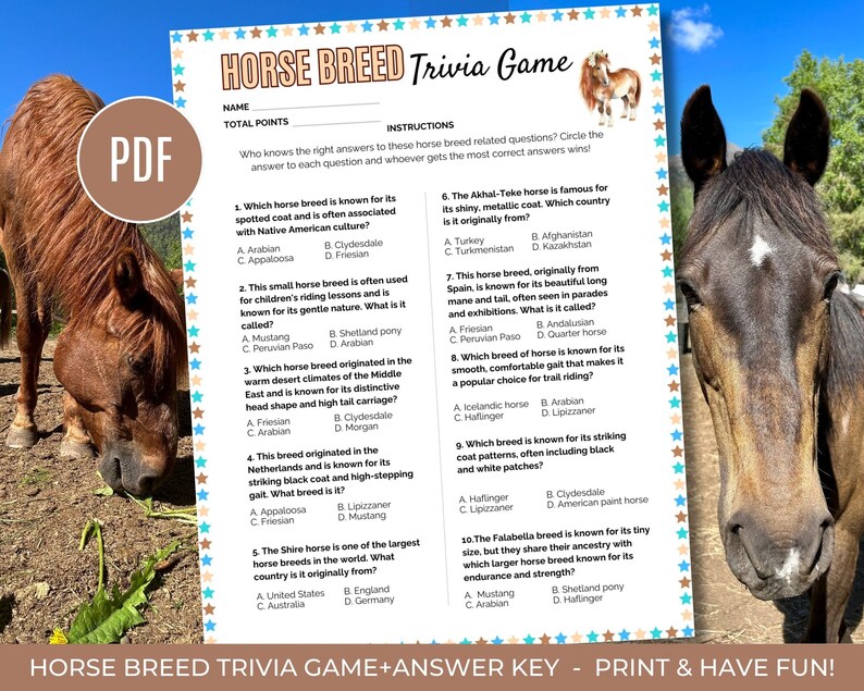 Printable Horse Breed Trivia Game Equestrian Trivia Etsy