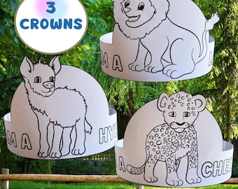 May include: Three white paper crowns featuring black line art illustrations of a lion, a hyena, and a leopard. Each crown includes the text "I AM A" followed by the animal name. A circular badge displays the text "3 CROWNS".