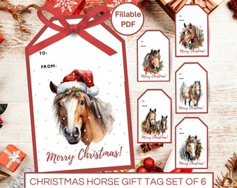 Printable Christmas Horse gift tag set of 6, Fillable Christmas Horse gift tags, Merry Christmas printable tags, Christmas favor tags horse