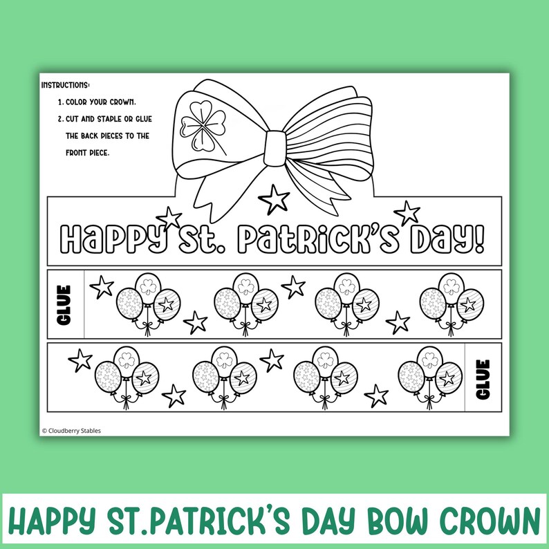 May include: A printable black and white craft for making a St. Patrick's Day bow crown. The crown features a bow with a shamrock design and the words "Happy St. Patrick's Day!" The crown is made up of several pieces that need to be cut out, colored, and glued together.