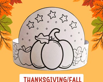 Pumpkin Coloring Crown for Kids, Printable Fall Hat Template for Kindergarten, Thanksgiving Fall Craft Headband Activity Classroom Preschool