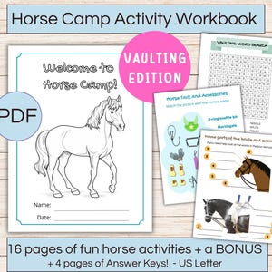 Op de afbeelding: Een Horse Camp Activity Workbook met een paardenillustratie en de tekst "Welcome to Horse Camp!". Bevat paardgerelateerde activiteiten, woordzoekers en bijpassende spellen. Het werkboek is een PDF met 16 pagina's activiteiten en 4 pagina's antwoordsleutels.