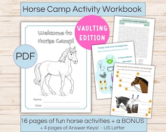 May include: A Horse Camp Activity Workbook with a horse illustration and the text "Welcome to Horse Camp!" Includes horse-themed activities, word searches, and matching games. The workbook is a PDF with 16 pages of activities and 4 pages of answer keys.