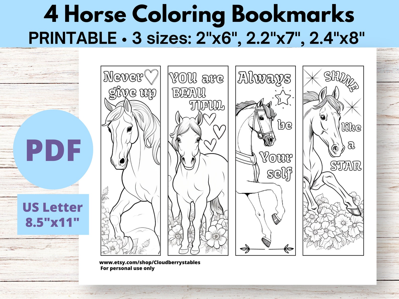 4 Printable Horse Coloring Bookmarks for Kids and Adults, Printable ...