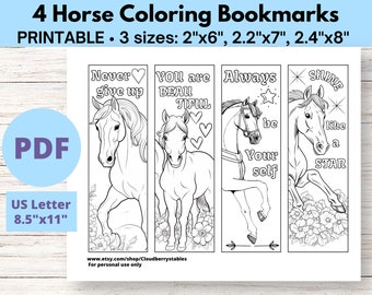 4 Printable horse coloring bookmarks for kids and adults, printable bookmarks to color, affirmation horse bookmark, Valentine's Day gift