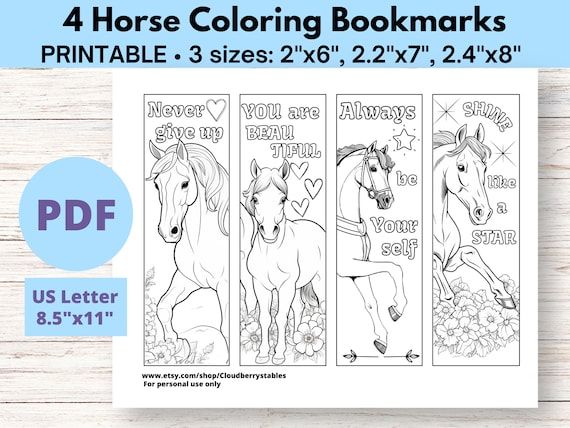 4 Printable horse coloring bookmarks for kids and adults, printable bookmarks to color, affirmation horse bookmark, Valentine's Day gift