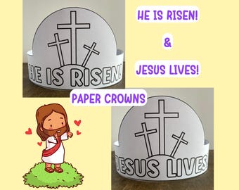 Coroa de papel cristã para a Páscoa, atividade de colorir "Ele ressuscitou" para crianças, modelo de coroa de papel para colorir para a Páscoa (faça você mesmo).
