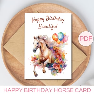 Cartão de feliz aniversário para impressão, cartão de aniversário de cavalo, cartão de aniversário para ela, cartão de aniversário de cavalo para meninas, cartão de aniversário para impressão de cavalo