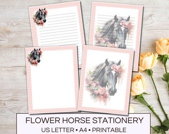 Printable Stationery horse paper, Flower horse paper set pink for writing, Lined letter writing paper horse, Horse stationery set printable