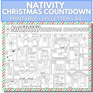 Compte à rebours de Noël à imprimer pour la Nativité, calendrier de l'Avent, calendrier de l'Avent à colorier, conte de Noël, activité de la nativité