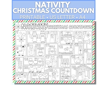 Printable Nativity Christmas Countdown, Christmas Advent Calendar, Nativity Coloring Advent Calendar, Christmas Story, Nativity Activity