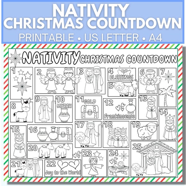 Printable Nativity Christmas Countdown, Christmas Advent Calendar, Nativity Coloring Advent Calendar, Christmas Story, Nativity Activity
