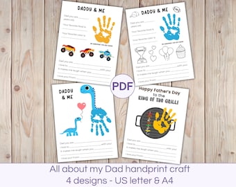 Manualidad con huellas de manos para el Día del Padre, tarjeta para colorear Todo sobre mi papá, regalo para papá, arte con huellas de manos para el Día del Padre, regalo para papá hecho por niños