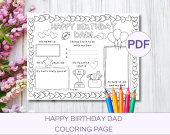 Happy Birthday Dad Coloring Page Coloring Card for Dad Gift from Kids Printable DIY gift for Dad Card Fill in Birthday Card All About My Dad