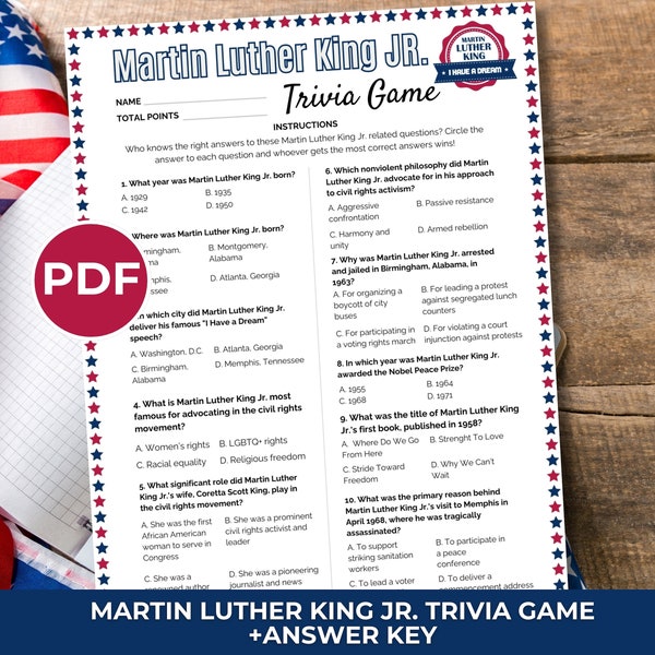 Printable Martin Luther King Day Trivia Game, MLK JR. Classroom Activity, Patriotic Games, Martin Luther King Printable