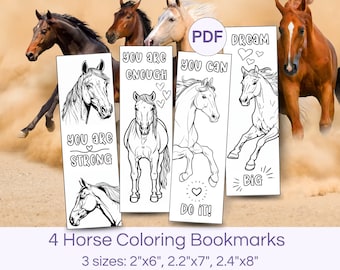 4 Printable horse coloring bookmarks for kids and adults, printable bookmarks to color, affirmation horse bookmark, Valentine's Day gift DIY