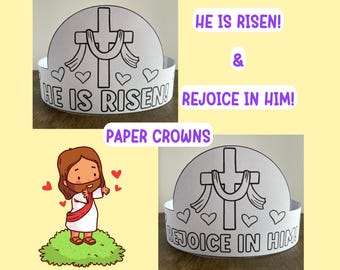 Coroa de papel cristã para a Páscoa, atividade de colorir "Ele ressuscitou" para crianças, modelo de coroa de papel para colorir para a Páscoa (faça você mesmo).