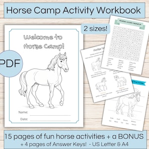 Horse camp activity & coloring workbook printable, horse camp activity booklet, horse activities, digital horse activity sheets for kids