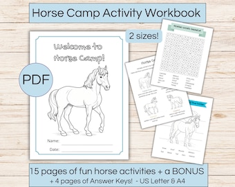 Horse camp activity & coloring workbook printable, horse camp activity booklet, horse activities, digital horse activity sheets for kids