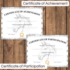 May include: Two printable certificates with a horse design. The top certificate is a certificate of achievement and the bottom certificate is a certificate of participation. Both certificates have a space for the name, signature, and reason for the certificate.