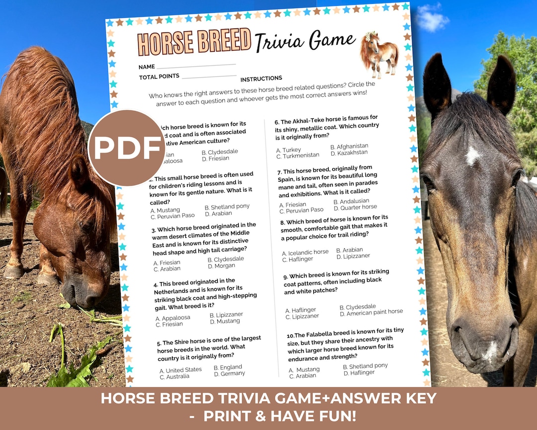 Printable Horse Breed Trivia Game, Equestrian Trivia, Equestrian Learning, Horse Birthday Party