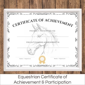 Certificato di conseguimento equestre, premio Horse Camp Certificato di partecipazione equestre, premio per i risultati ottenuti in equitazione, concorso Pony Club