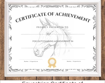 Equestrian Certificate of Achievement, Horse Camp Award Horse Certificate of Participation, Riding Achievement Award, Pony Club Competition