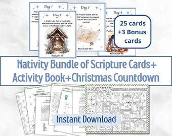 May include: A Nativity bundle of scripture cards, activity book, and Christmas countdown. Includes 25 cards plus 3 bonus cards featuring illustrations of a manger, scrolls, and text. A black and white Nativity Christmas countdown grid.