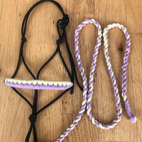 Hobby horse rope halter and lead, black with light purple and yellow, hobby horse tack, hobby horse accessories