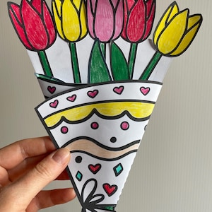 Moederdag kleurkaart tulp boeket bloemen, cadeau moeder afdrukbaar bloemboeket DIY ambachtelijke activiteit, mama's verjaardag kleurkaart