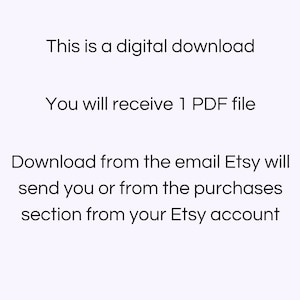 Puede incluir: Texto sobre un fondo blanco que dice: "Esta es una descarga digital. Recibir&aacute;s 1 archivo PDF. Descarga desde el correo electr&oacute;nico que Etsy te enviar&aacute; o desde la secci&oacute;n de compras de tu cuenta de Etsy."