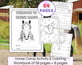 May include: A horse camp activity and colouring workbook with 64 pages. The pages include activities on horse behaviour and saddle parts. The cover features a horse illustration and the text 'Welcome to Horse Camp!'