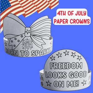 4th of July Coloring Crown Paper Craft Activity for Kids, Fourth of July Party Hats Patriotic USA Crown Headband Template Printable Activity