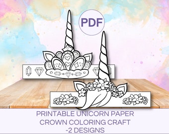 Couronne de licorne imprimable en papier, artisanat d'anniversaire, licorne à colorier, couronne de fleurs, corne de licorne en papier, couronne de princesse, cadeau d'anniversaire