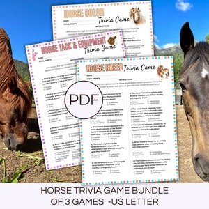 Printable Horse Trivia Game Bundle of 3: Horse Breed, Horse Color + Tack&Equipment, Horse Camp Learning Equestrian Horse Birthday Party Game