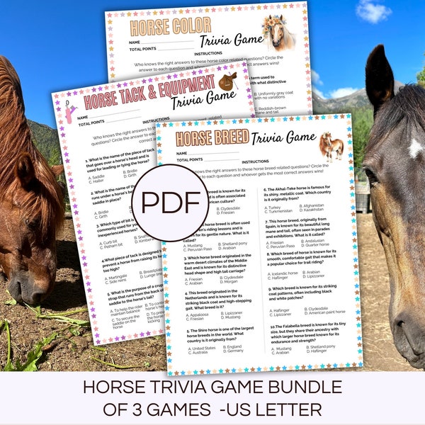 Printable Horse Trivia Game Bundle of 3: Horse Breed, Horse Color + Tack&Equipment, Horse Camp Learning Equestrian Horse Birthday Party Game