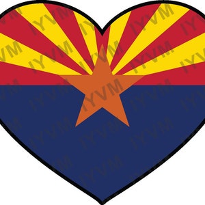 May include: A heart-shaped graphic of the Arizona state flag. The flag features a red field with a yellow sunburst design and a blue field with a five-pointed yellow star.