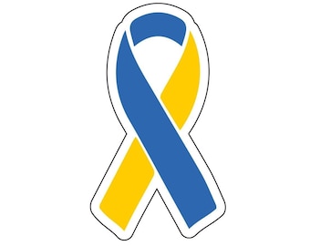 Aufkleber mit Schleife zur Sensibilisierung für das Down-Syndrom: Blau-gelber Aufkleber