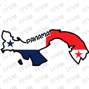 Op de afbeelding: Grafische illustratie van Panama, gevuld met de kleuren van de Panamese vlag: blauw, wit en rood. Het woord "PANAMA" staat in zwart boven de kaart. Eenvoudig, grafisch ontwerp.