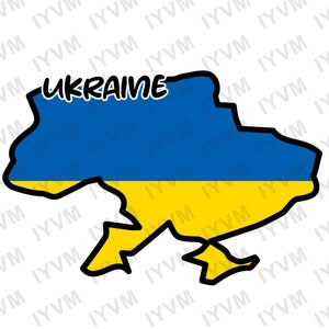May include: A blue and yellow outline of the country of Ukraine with the word "UKRAINE" written in black letters.