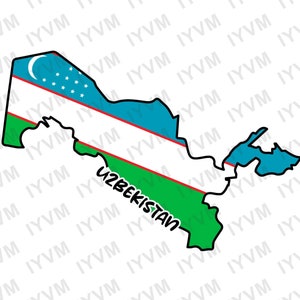 Op de afbeelding: Een kaart van Oezbekistan met de kleuren van de vlag van het land. De kaart is zwart omlijnd en de naam van het land staat in cursief onder de kaart.