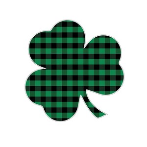 May include: A green and black plaid shamrock, a traditional Irish symbol.